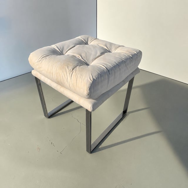 Chrome Milo Baughman Style Chrome Upholstered Stool For Sale - Image 8 of 14