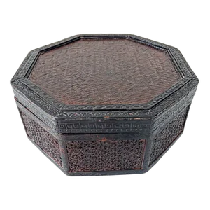 Vintage Chinese Woven Wicker and Bamboo Octagonal Lacquered Box
