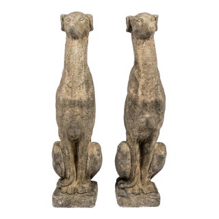 Pair of Vintage English Cast Stone Seated Greyhounds For Sale