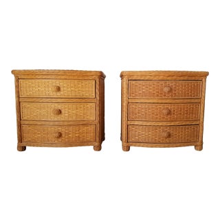Vintage Coastal Decor Woven Wicker Nightstands a Pair For Sale