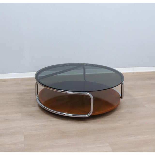 Large Italian Round Chrome and Smoked Glass Coffee Table on Wheels, 1970s For Sale - Image 13 of 13