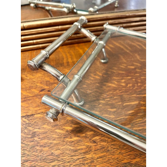 1960’s Hollywood Regency Faux Bamboo Silver Plate Tray With Glass Top For Sale - Image 4 of 9