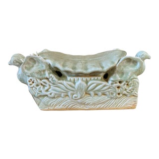 Vintage Asian Celadon Ceramic Headrest With Doves 15" W For Sale