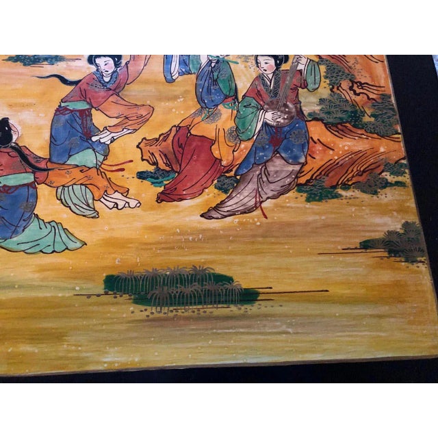 Japanese Vintage Japanese Geisha Girls Hand-Painted Wood Wall Hanging Plaque For Sale - Image 3 of 7