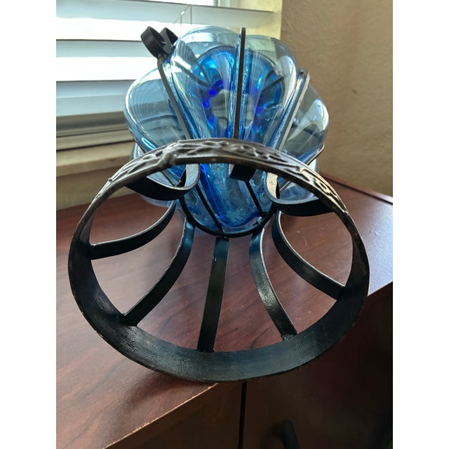 Vintage Mid-Century Hand-Blown Cobalt Blue Caged Glass Vase With Wrought Iron Fram For Sale - Image 4 of 4