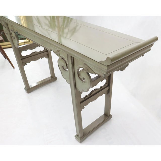 Olive Olive Faux Paint Enamel Finish Carved Base Console Table with Rolled Edges For Sale - Image 8 of 13
