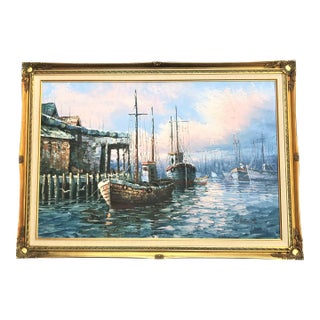 Vintage Signed & Framed W. Haywood Painting on Canvas, Boats and Old Boathouse For Sale