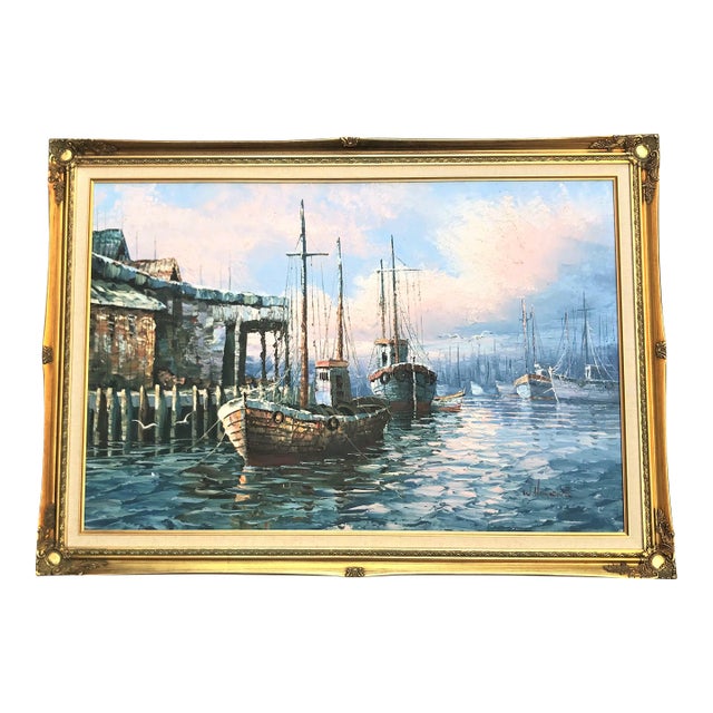 Vintage Signed & Framed W. Haywood Painting on Canvas, Boats and Old Boathouse For Sale