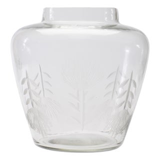 Etched Soda Lime Glass Urn Vase 6.5"D For Sale
