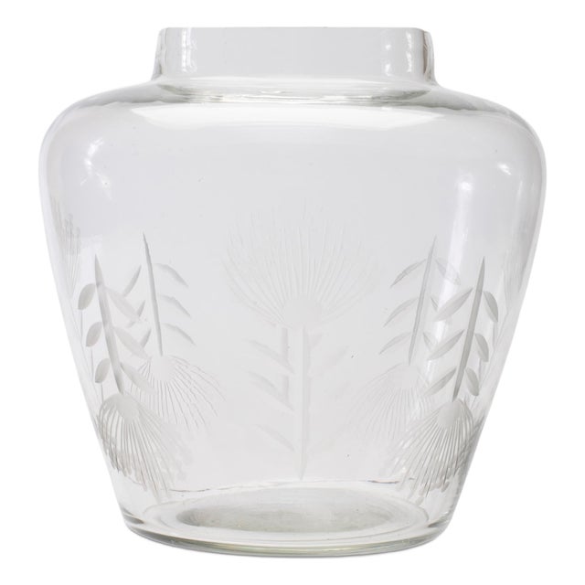 Etched Soda Lime Glass Urn Vase 6.5"D For Sale