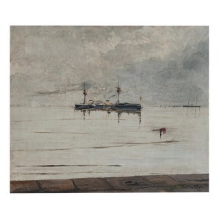Spanish Pelayo Steam Warship, 1890s-1910s, Oil on Canvas For Sale