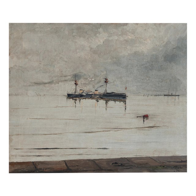 Spanish Pelayo Steam Warship, 1890s-1910s, Oil on Canvas For Sale