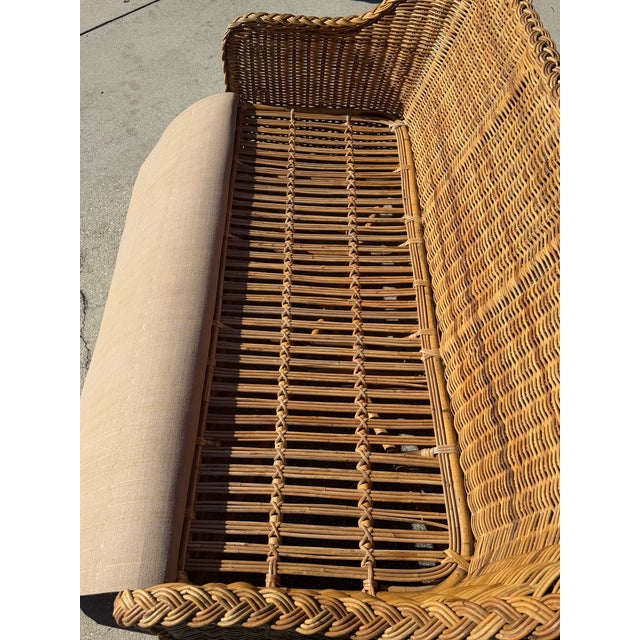 Vintage 72” Handwoven Rattan Sofa With Large Braid Trim For Sale - Image 4 of 12