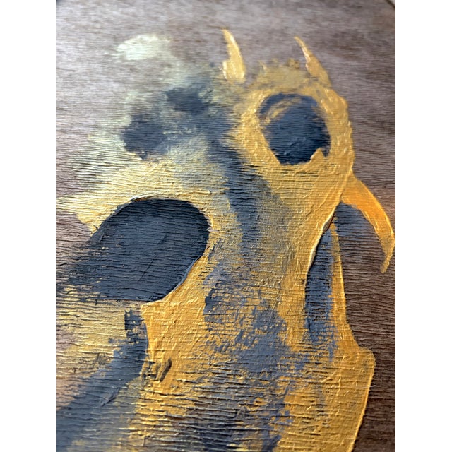 Original mid-century abstract painting on natural wood panel, rendered with textured impasto in metallic gold and deep...