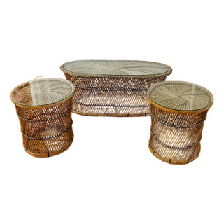 Vintage Franco Albini Style Rattan & Wicker Coffee Table & End Tables, Set of 3 For Sale
