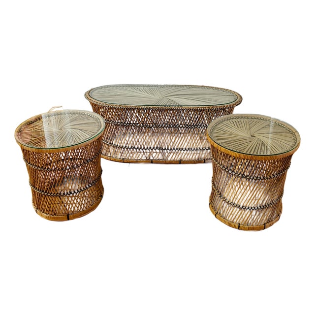 Vintage Franco Albini Style Rattan & Wicker Coffee Table & End Tables, Set of 3 For Sale