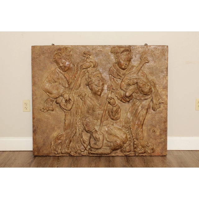 High Quality Asian Style Gold-Painted Plaster Relief with Three Female Musicians Playing Stringed Instruments, Ringed...