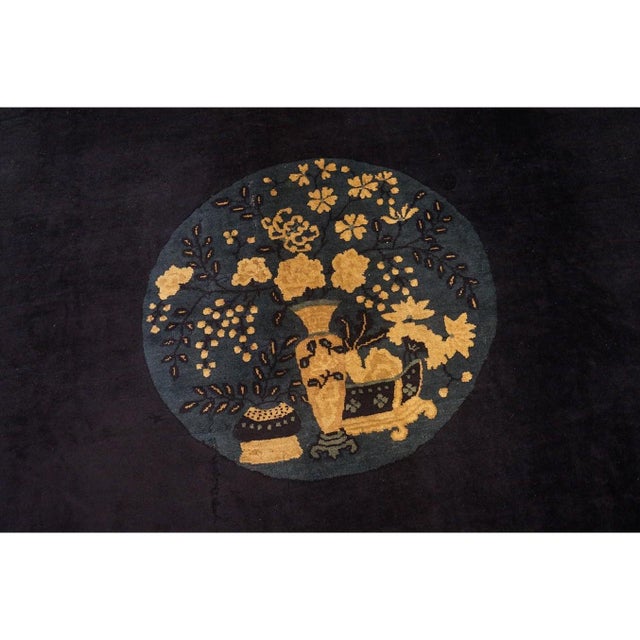 Early 20th Century Navy Bird Vase Deco Traditional Chinese Peking Rug 10'x12' 6" For Sale - Image 10 of 11