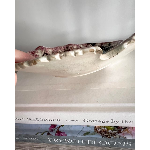 Early 20th Century Antique Majolica Leaf-Form Dish – Rose, Cream & Moss Green Textured Ceramic Plate For Sale - Image 5 of 13