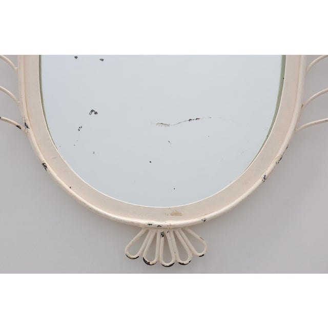 Cream French White Lacquered Metal Mirror with Looped Wire Frame and Fan Crest, 1950s For Sale - Image 8 of 13