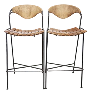 Wrought Iron, Wicker and Wood Slatted Bar Stools by Arthur Umanoff for Raymor, 1950s, Set of 2