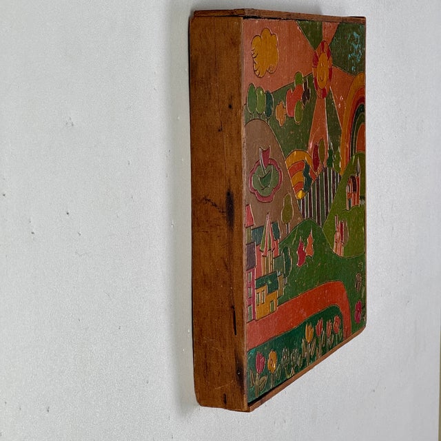 Vintage Folk Art Painting in Carved & Painted Wood Panel of Playful Whimsical Village For Sale - Image 4 of 6