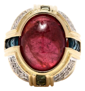 1990s 22ctw Pink Tourmaline Diamond Gem-Set Cabochon Cocktail Ring, 18k Yellow Gold, Size 6.5