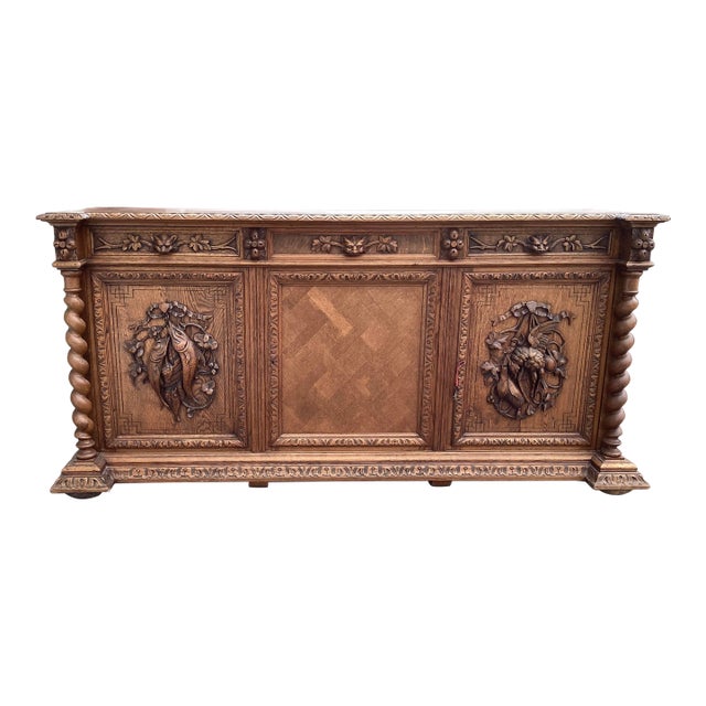 Handsome French Oak Credenza W Barley Twist For Sale