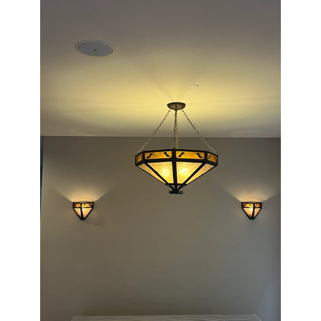 One (1) Holly Hunt Pendant Chandelier w/ Mica Panels. Ironware International style #892: 24"Dm x 12"H Two (2) Holly Hunt...