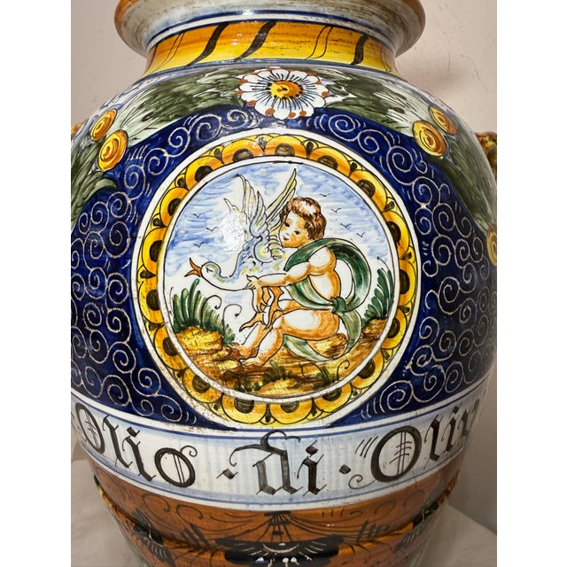 Ceramic Monumental Antique Hand Painted Italian Majolica Terracotta Pottery Olive Vase For Sale - Image 7 of 15