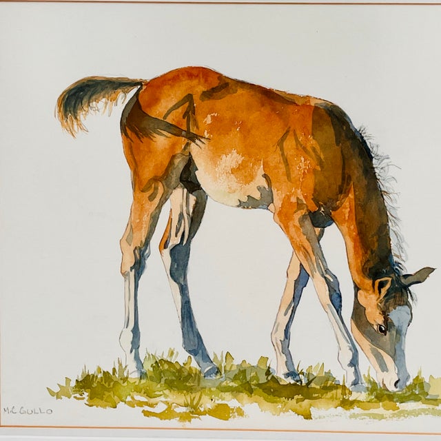 Farmhouse Original Signed Equestrian Watercolor Painting - Grazing Chestnut Horse Portrait, Framed and Matted For Sale - Image 3 of 11