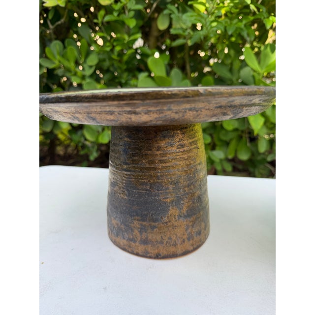 Vintage Organic Modern Studio Pottery Pedestal Bowls, Graduated Pair For Sale - Image 12 of 12