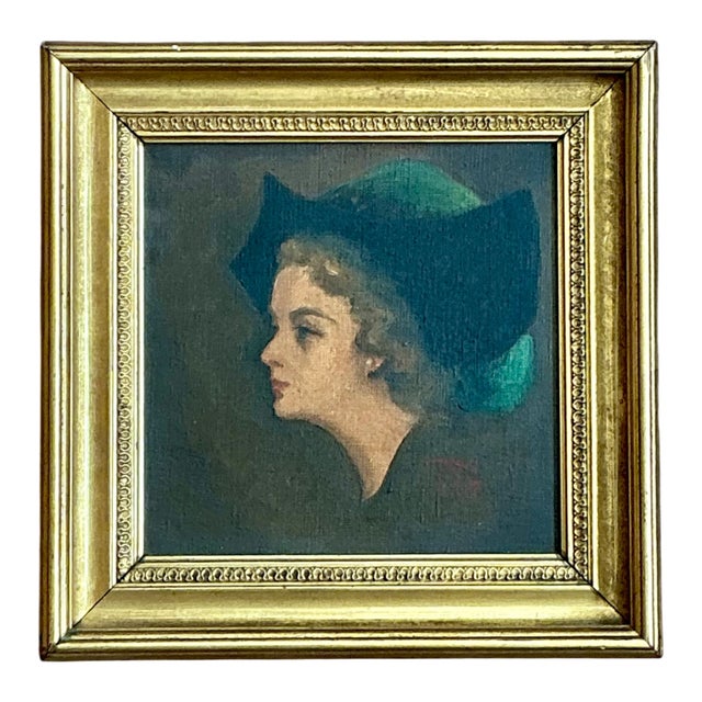 This charming vintage oil painting on canvas offers a sophisticated glimpse into early to mid-20th-century portraiture....
