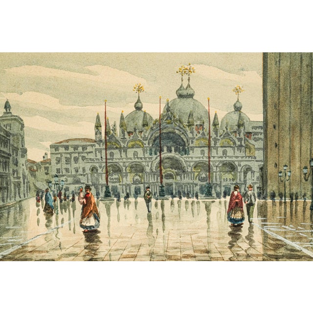 Evoking the romance and atmospheric beauty of turn-of-the-century Europe, this charming circa 1900 watercolor painting...