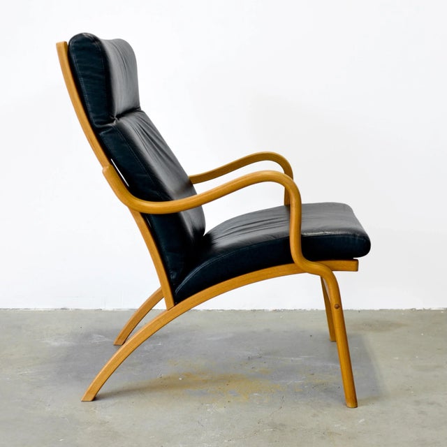 Stouby Mid 20th Century Bentwood Beech Armchair With Black Leather Attributed to Stouby For Sale - Image 4 of 9