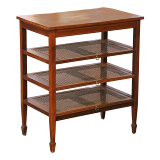 19th Century English Mahogany Inlaid Sliding Trays Side Table With Cane Shelves For Sale