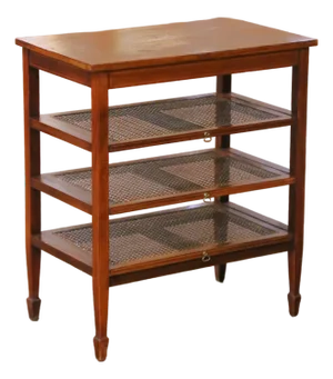 19th Century English Mahogany Inlaid Sliding Trays Side Table With Cane Shelves