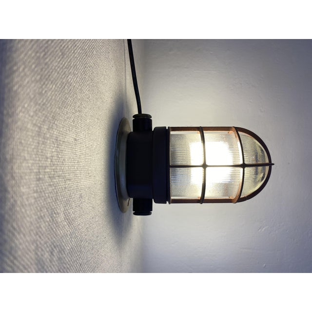 Vintage Industrial Caged Bulkhead Ceiling Light with Ribbed Glass, 1970s For Sale - Image 4 of 14