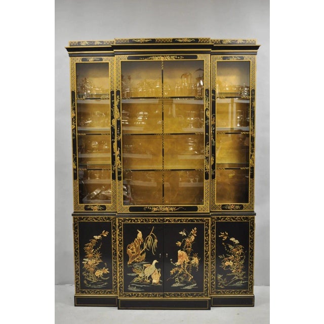 Vintage Drexel Et Cetera Chinoiserie Black Lacquer Paint Decorated Breakfront China Cabinet. Item features a lighted...