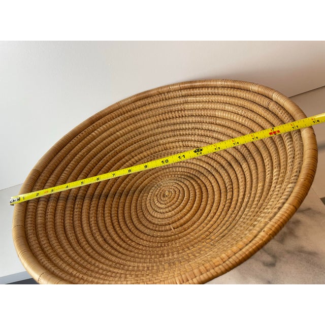 Tan Late 20th Century Handwoven Coiled Rattan Shallow Basket Bowl Natural Fiber Boho & Coastal Decor For Sale - Image 8 of 9