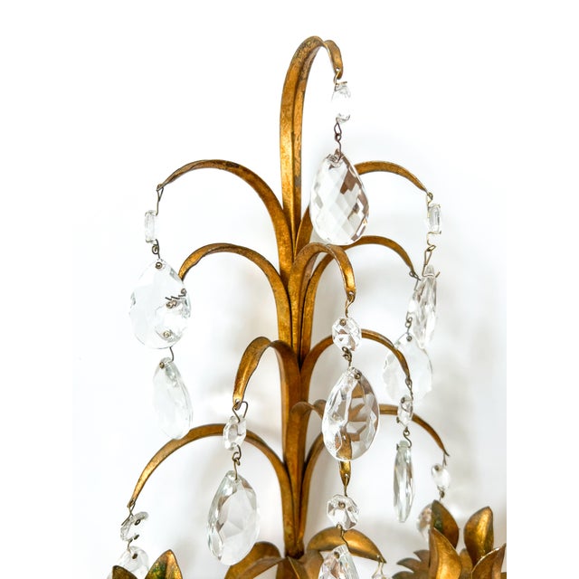 Gold Pair of Vintage Italian Gold Gilt Tole Wall Sconces With Crystal Prisms – Hollywood Regency / Florentine For Sale - Image 8 of 9