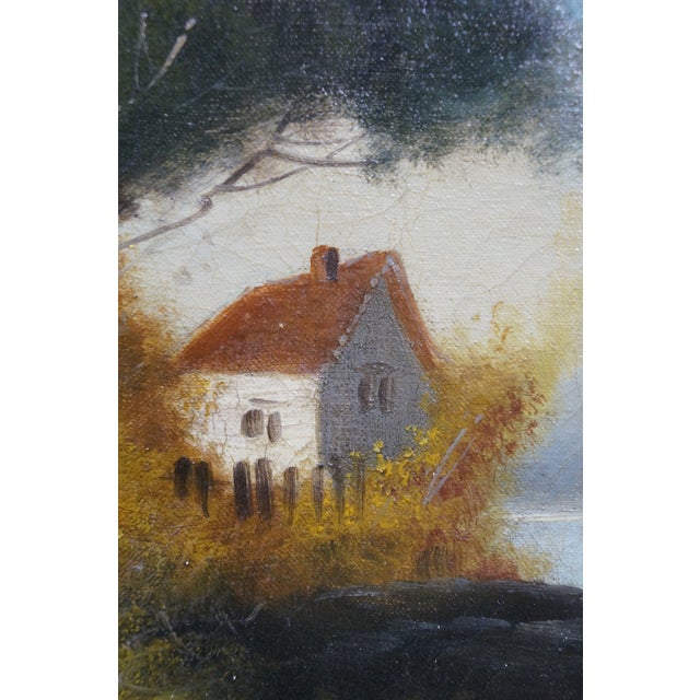 Textile Antique Stanley DeGraff Cottage Lake House Sailboat Landscape Oil Painting 16" For Sale - Image 7 of 14