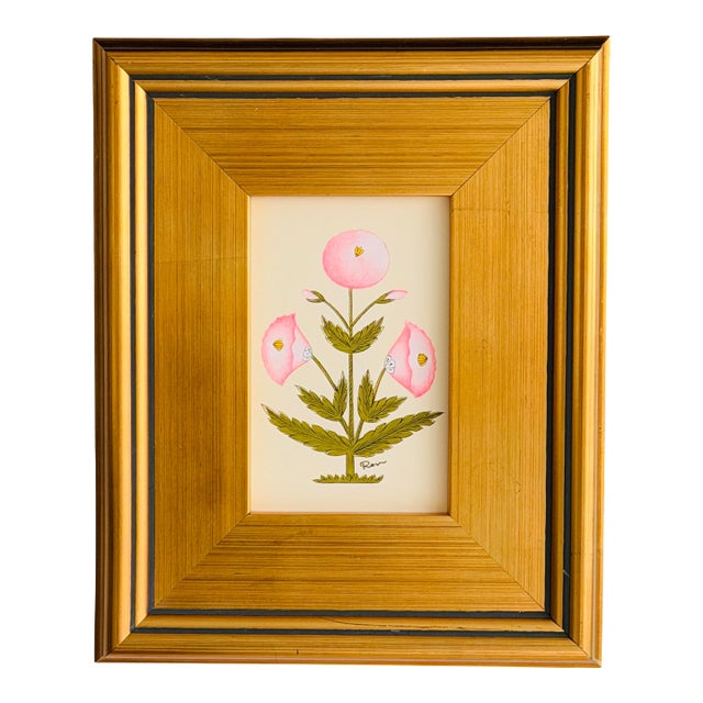 Original Hand-Painted Pink Floral Motif Paining, Framed For Sale