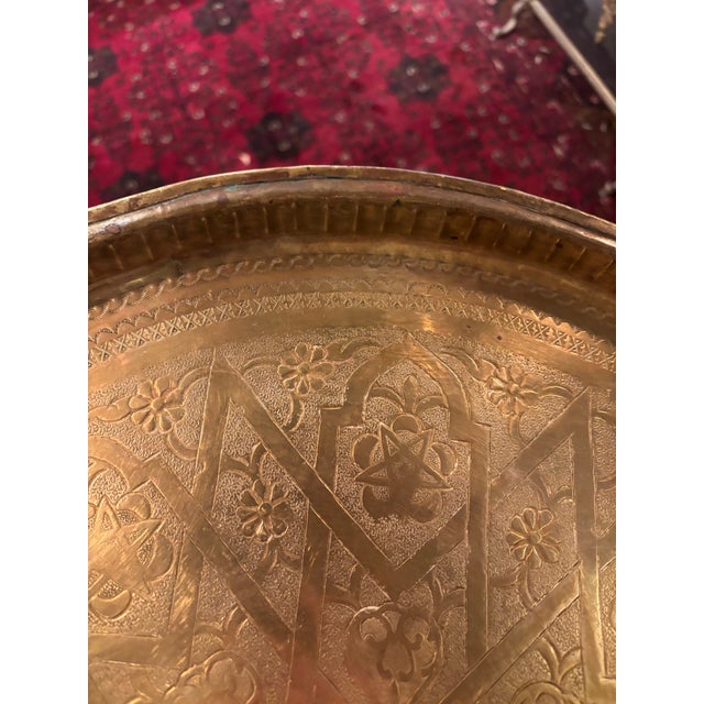 19th Century Islamic Brass Tray | Indo-Persian Hand-Engraved Geometric & Floral Decoration | Antique Tabletop For Sale In Seattle - Image 6 of 7