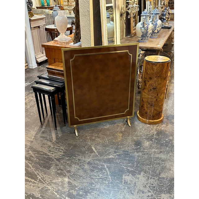 Vintage French brass and glass fire screen by Maison Jansen, Circa 1940. Adds warmth and charm to any room!