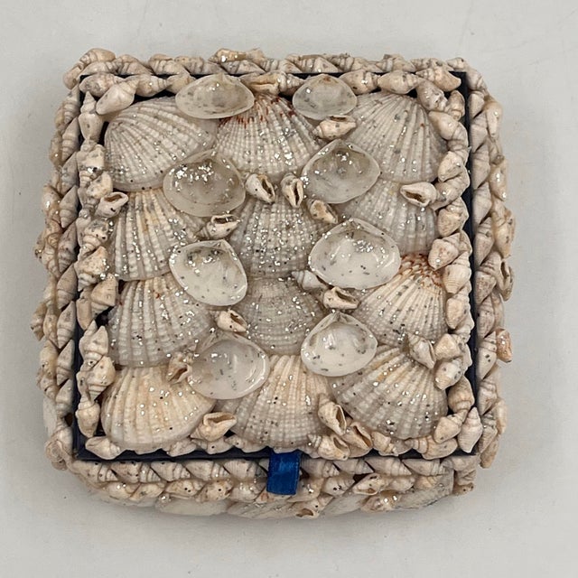 Vintage Coastal Sailors Valentine Shell Encrusted Trinket Box Blue Interior For Sale - Image 4 of 9