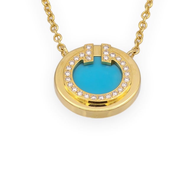 Early 21st Century Tiffany & Co. T Collection 18k Yellow Gold Turquoise and Diamond Necklace For Sale - Image 5 of 8