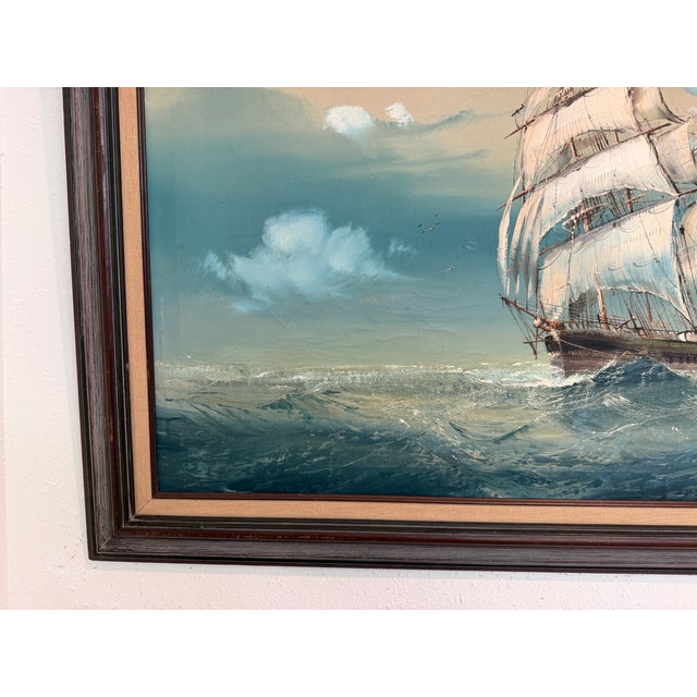 Large Vintage Signed Original Marine Oil Painting Tall Ship Nautical Seascape For Sale - Image 9 of 14