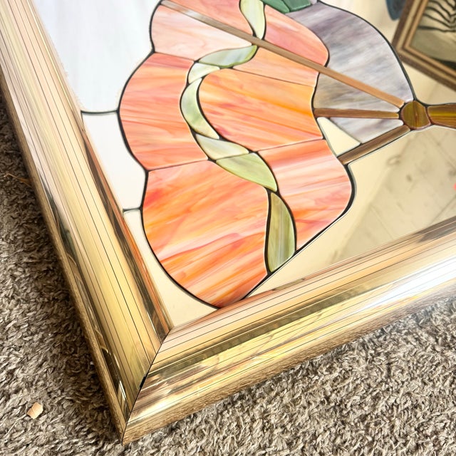 Postmodern Lily Flower Stained Glass Gold Frame Wall Mirror For Sale - Image 9 of 11