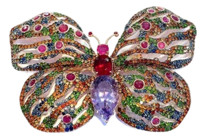 Bochic "Orient" Ruby & Multi Fancy Sapphires Brooch in 18K Gold & Silver